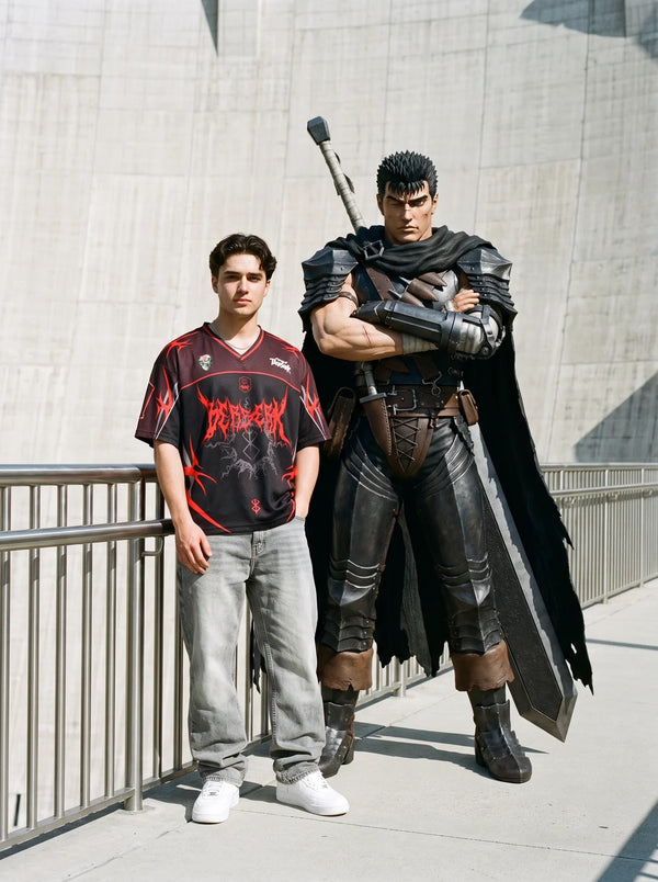 Man wearing the Berserk black and red anime football jersey