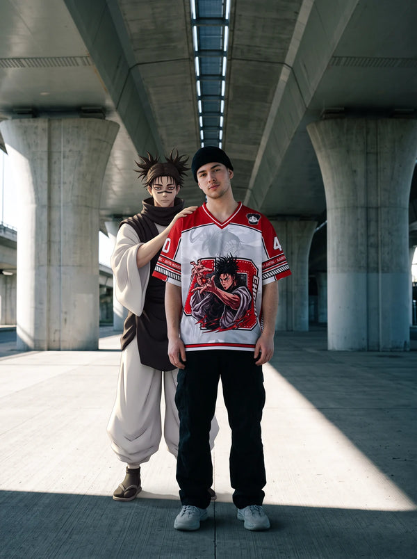 Man wearing the Choso red and white anime football jersey