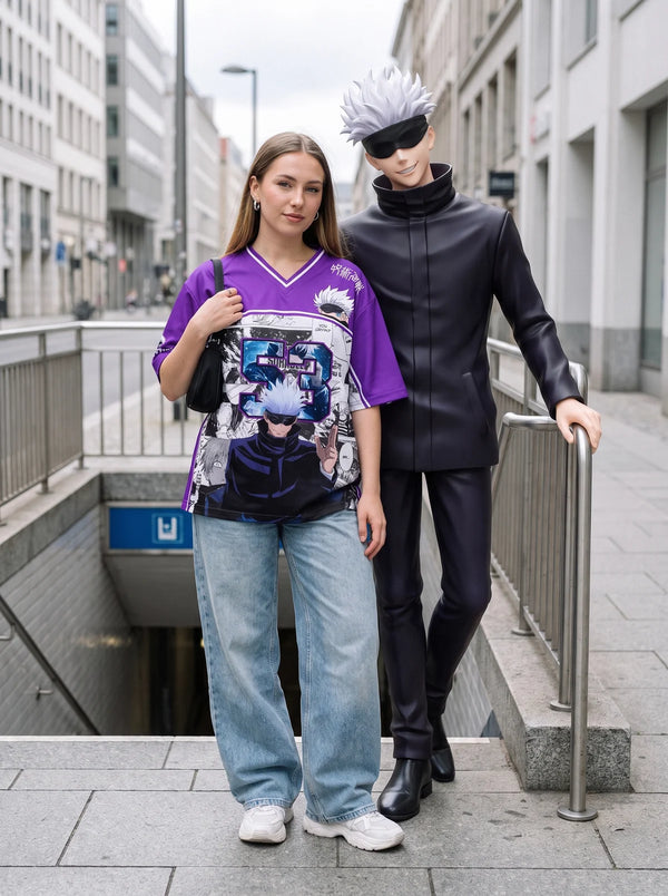 Woman wearing the Gojo Satoru purple anime football jersey in the city