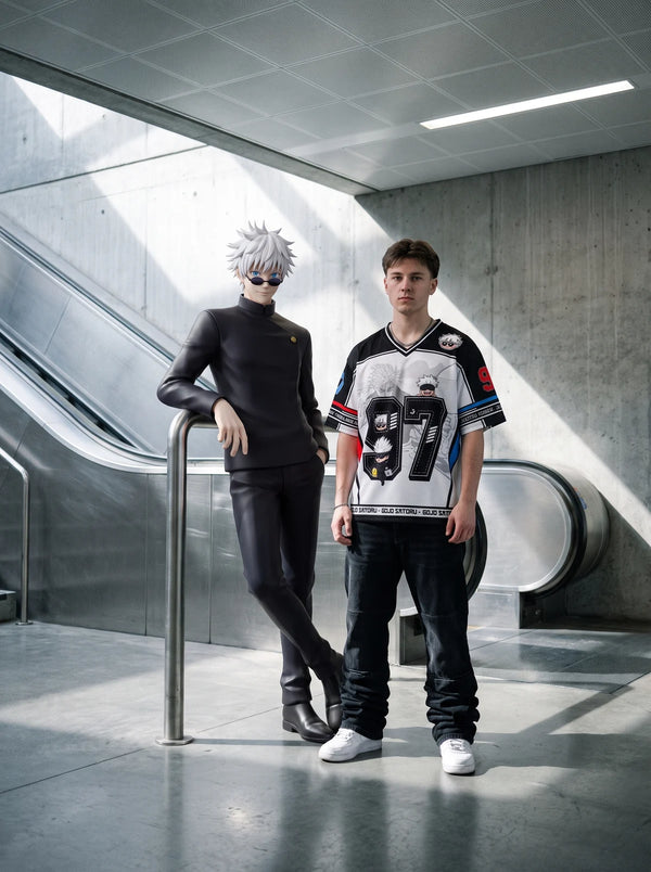 Man wearing the Gojo Satoru white anime football jersey