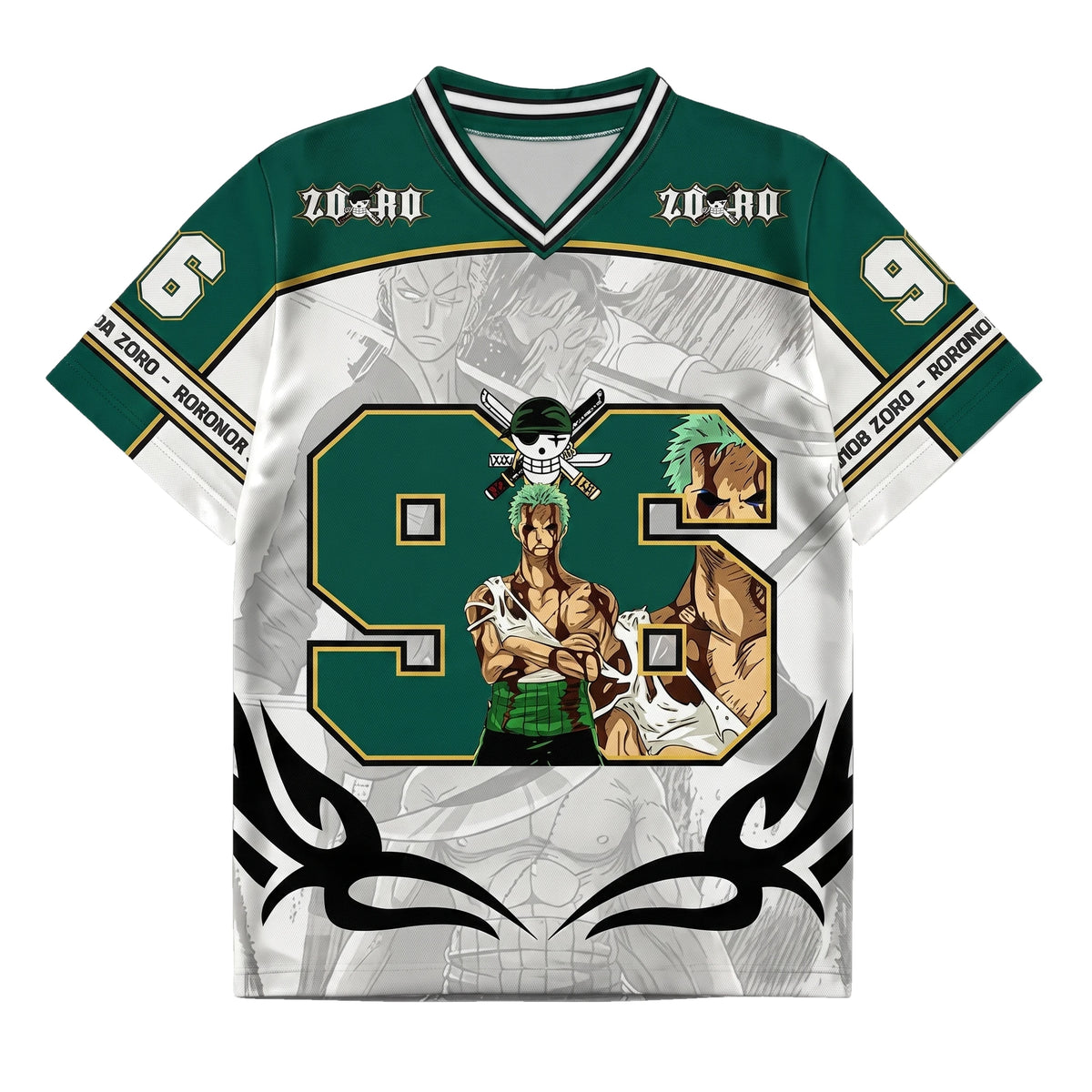 Camiseta de fútbol de anime de Roronoa Zoro en verde y blanco, vista frontal con el número 93 y motivos tribales en el bajo