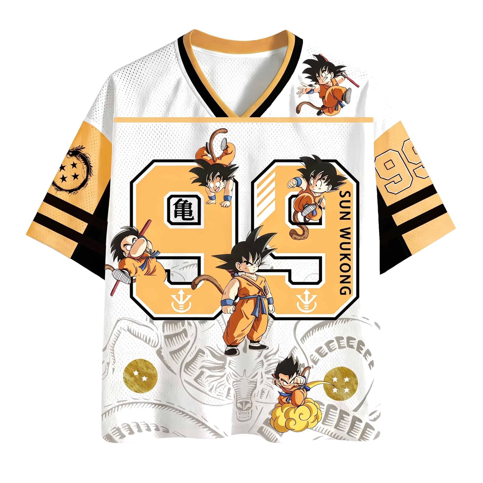 Camiseta de fútbol de anime de Son Goku en blanco y naranja, vista frontal con el número 99 y el kanji kame