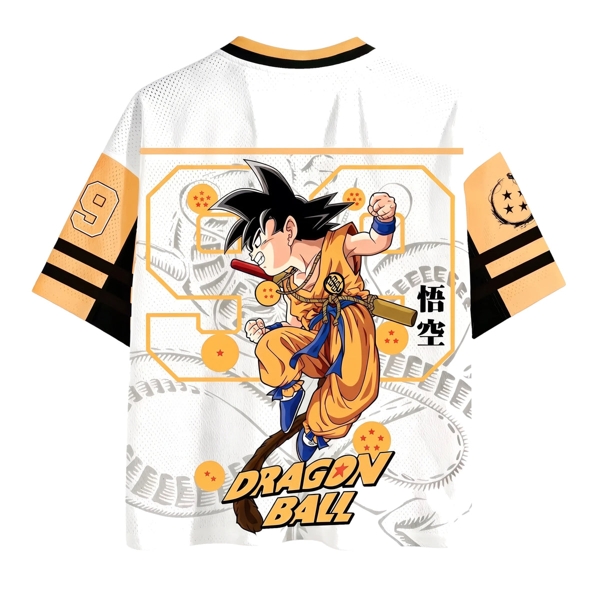 Espalda de la camiseta de Son Goku con el nombre SUN WUKONG estampado e ilustración de Dragon Ball
