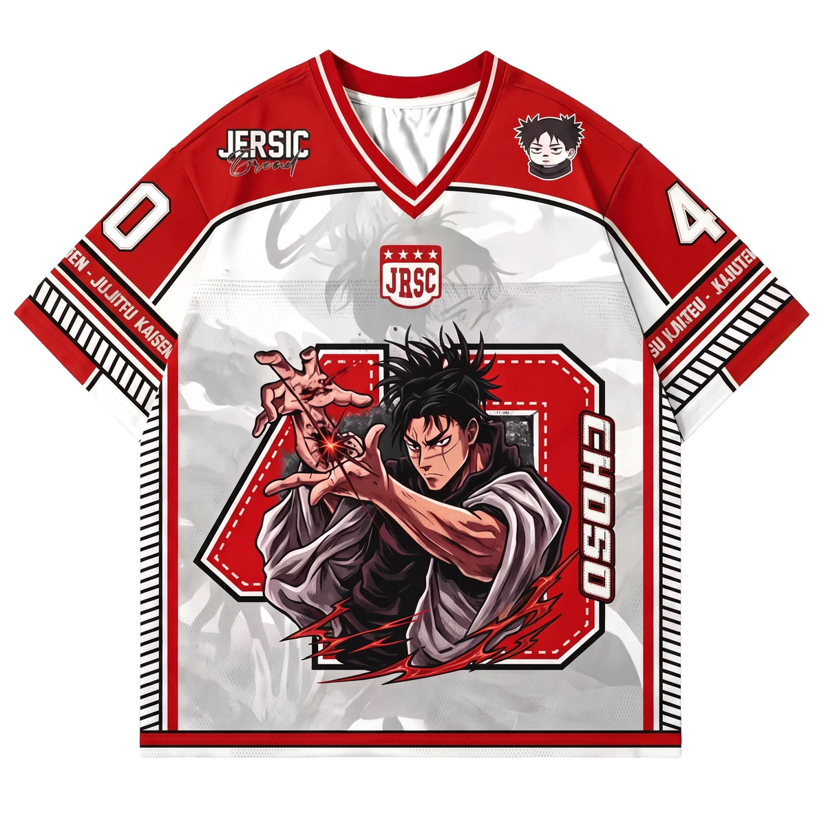 Camiseta de fútbol de anime de Choso en rojo y blanco, vista frontal con el número 40 y la ilustración de sangre maldita