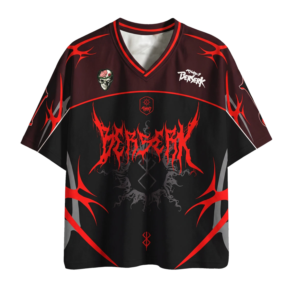 Camiseta de fútbol de anime de Berserk en negro y rojo sangre, vista frontal con la Marca del Sacrificio