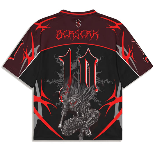 Back of the black Berserk jersey with gothic lettering and armour artwork