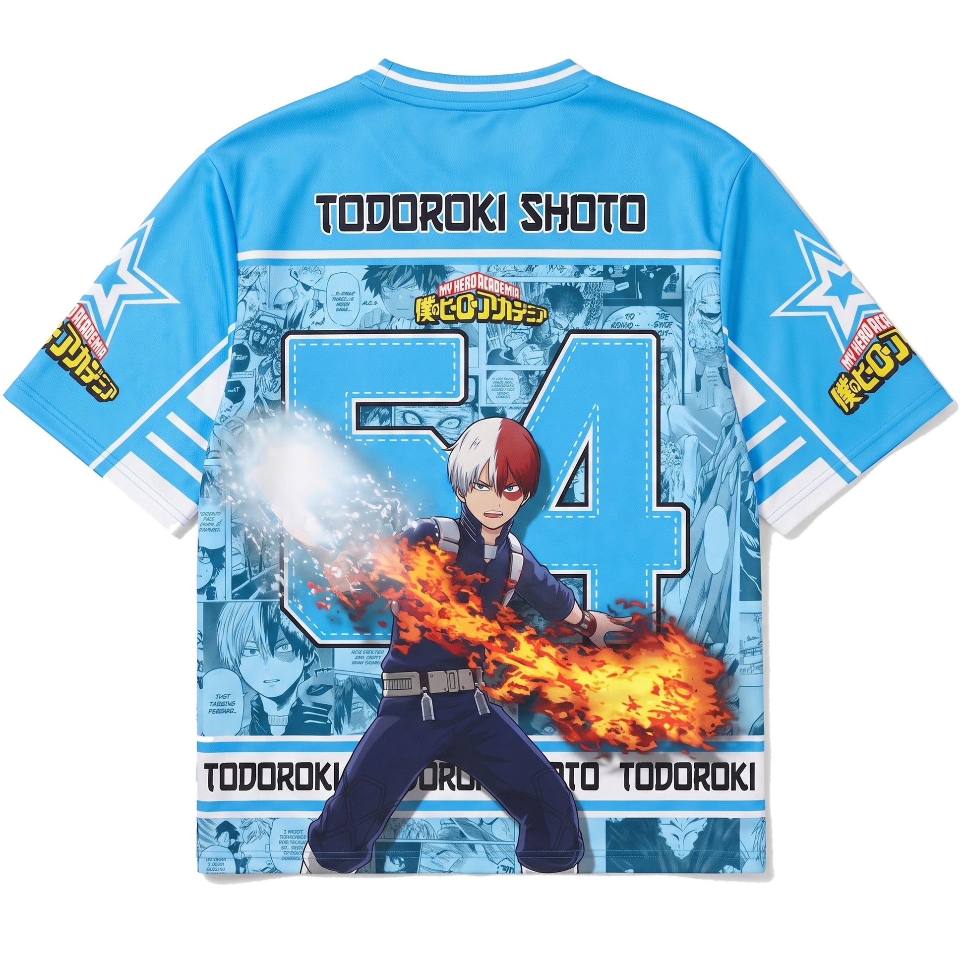 Espalda de la camiseta de Shoto Todoroki con el nombre estampado sobre un fondo de viñetas de manga