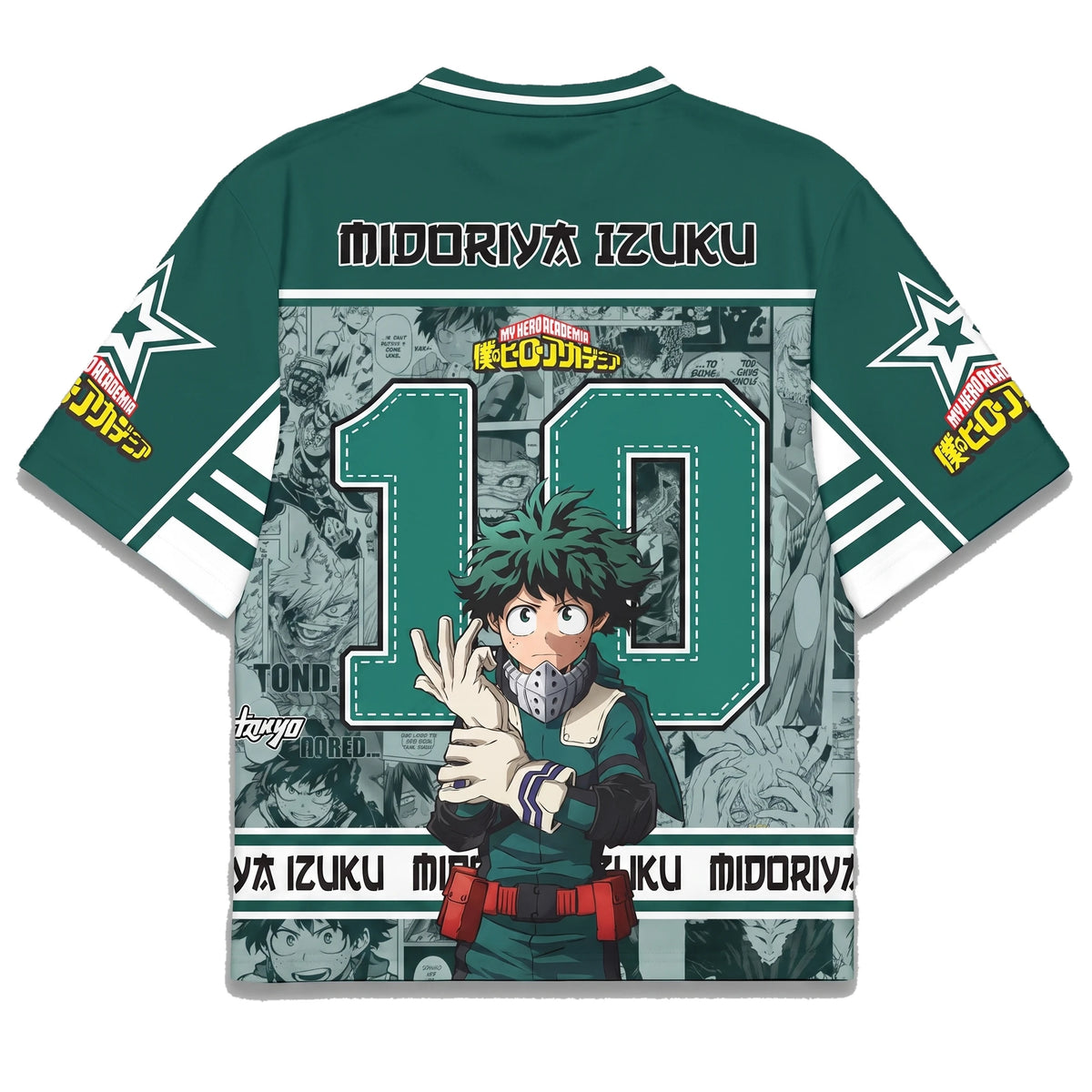 Espalda de la camiseta de Izuku Midoriya con el nombre estampado sobre un fondo de manga en escala de grises