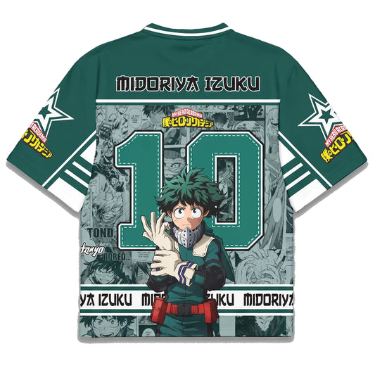 Back of the Izuku Midoriya jersey with name print over greyscale manga wash