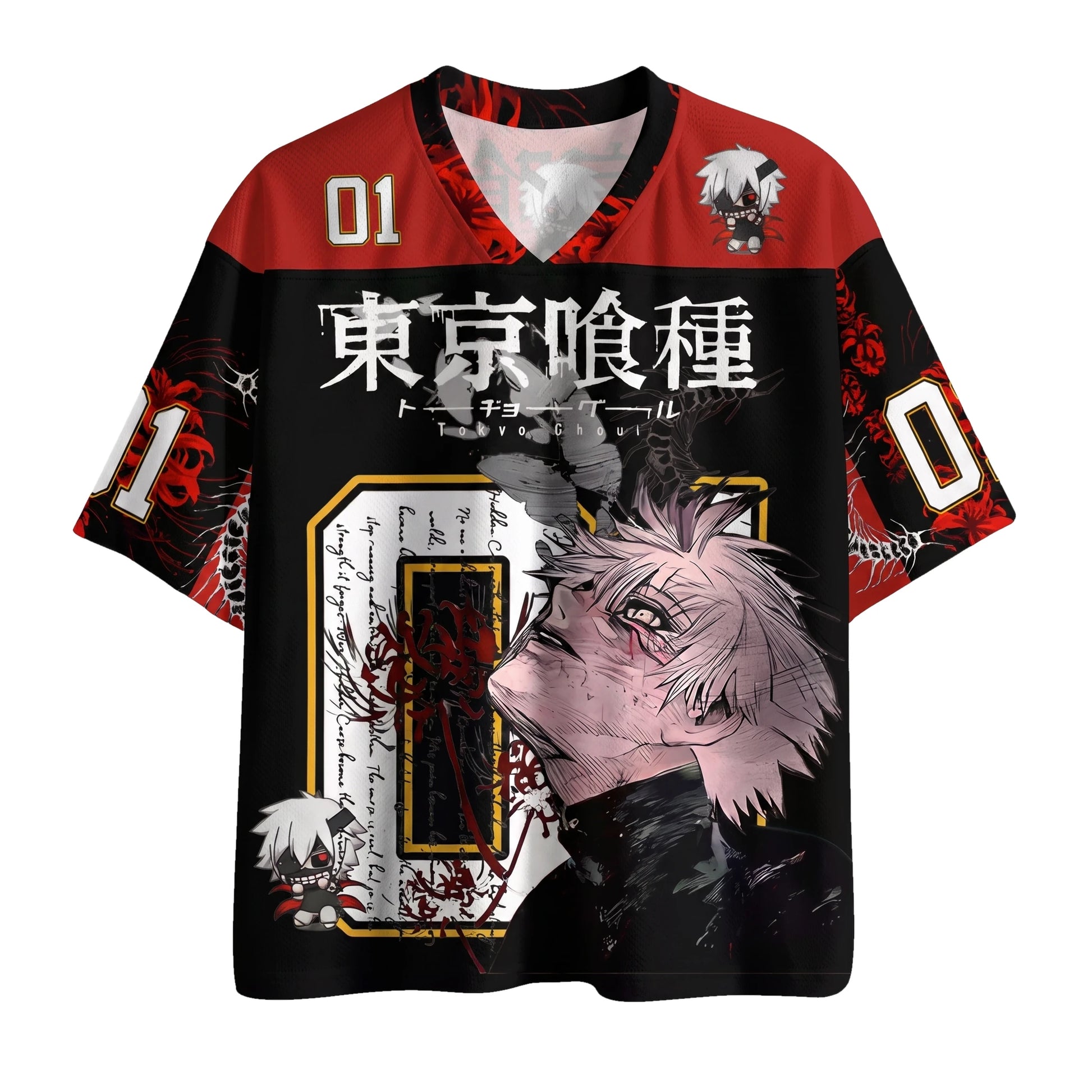 Camiseta de fútbol de anime de Ken Kaneki en negro y rojo sangre, vista frontal con el número 01 y el título en kanji a pincel