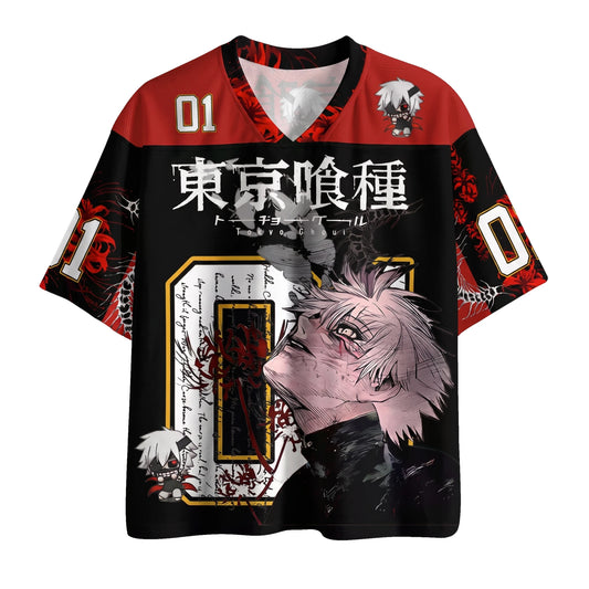 Ken Kaneki black and blood red anime football jersey, front view with number 01 and brushed kanji title