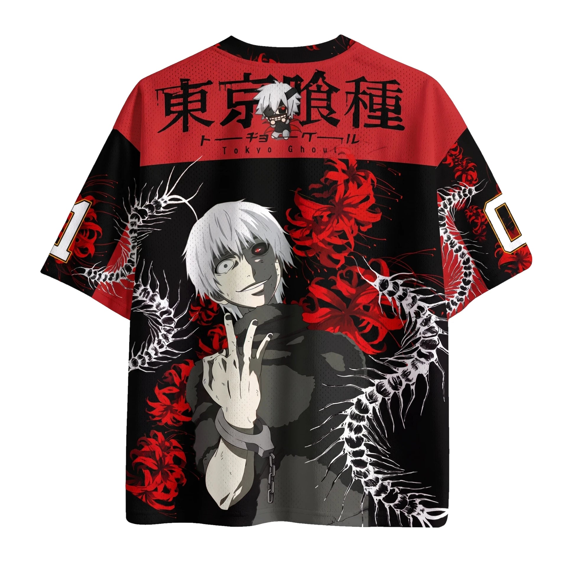 Espalda de la camiseta de Ken Kaneki con la ilustración del kagune y las flores araña