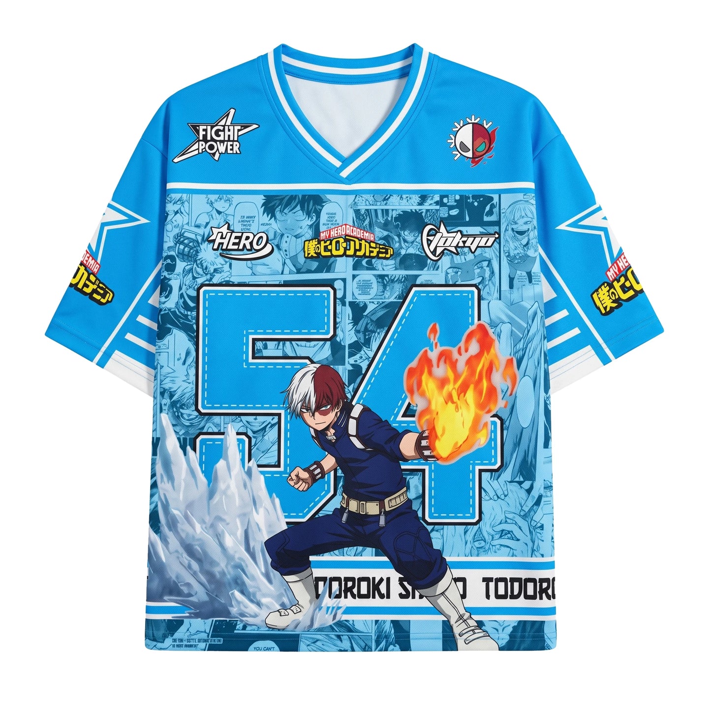 Camiseta de fútbol de anime de Shoto Todoroki en azul hielo, vista frontal con el número 54 y la ilustración de mitad frío mitad calor
