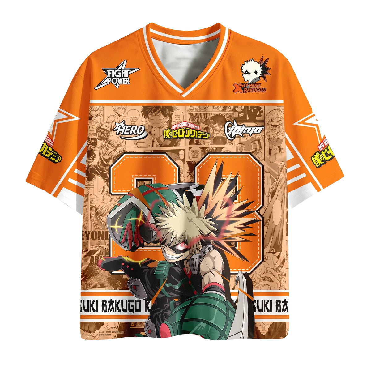 Katsuki Bakugo burnt orange anime football jersey, front view with number 23 and explosion artwork