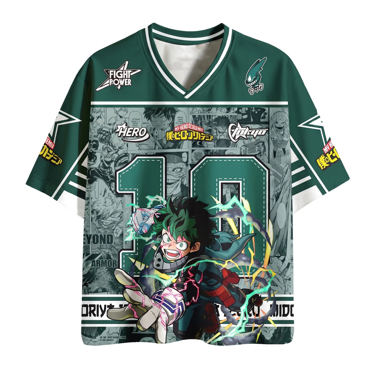 Camiseta de fútbol de anime de Izuku Midoriya en verde oscuro, vista frontal con el número 10 y la ilustración del rayo de Full Cowl