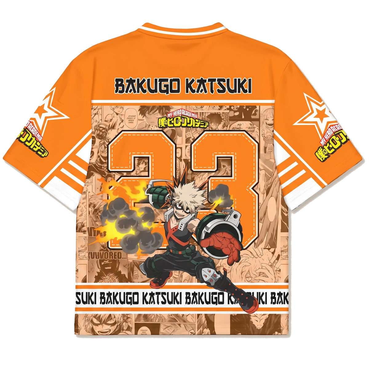 Back of the Katsuki Bakugo jersey with name print over sepia manga background