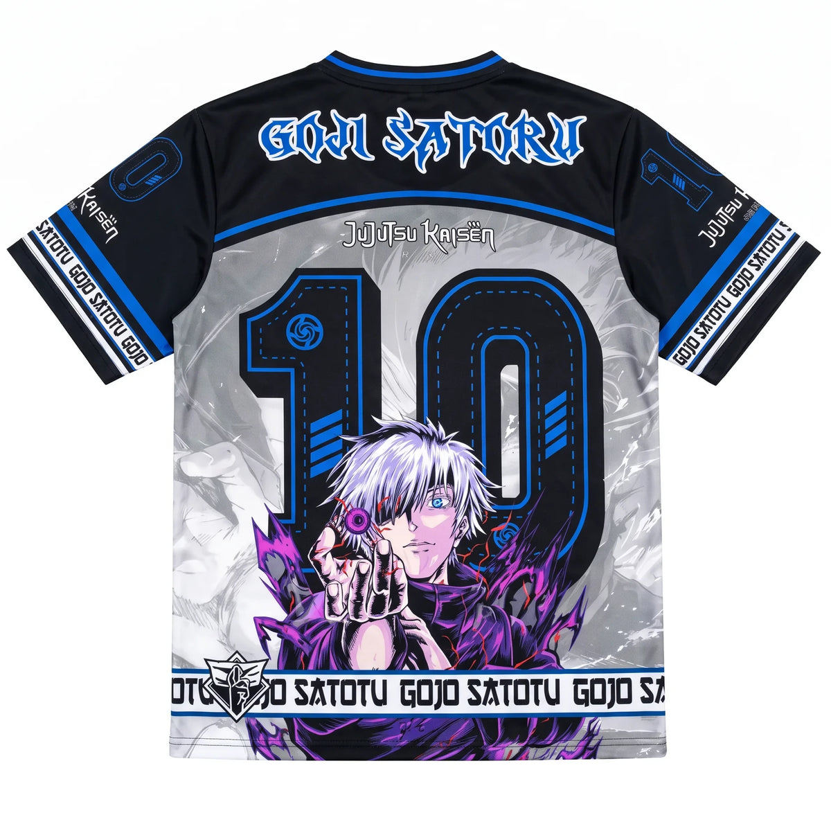 Espalda de la camiseta azul de Gojo Satoru con el nombre estampado sobre ilustración en escala de grises