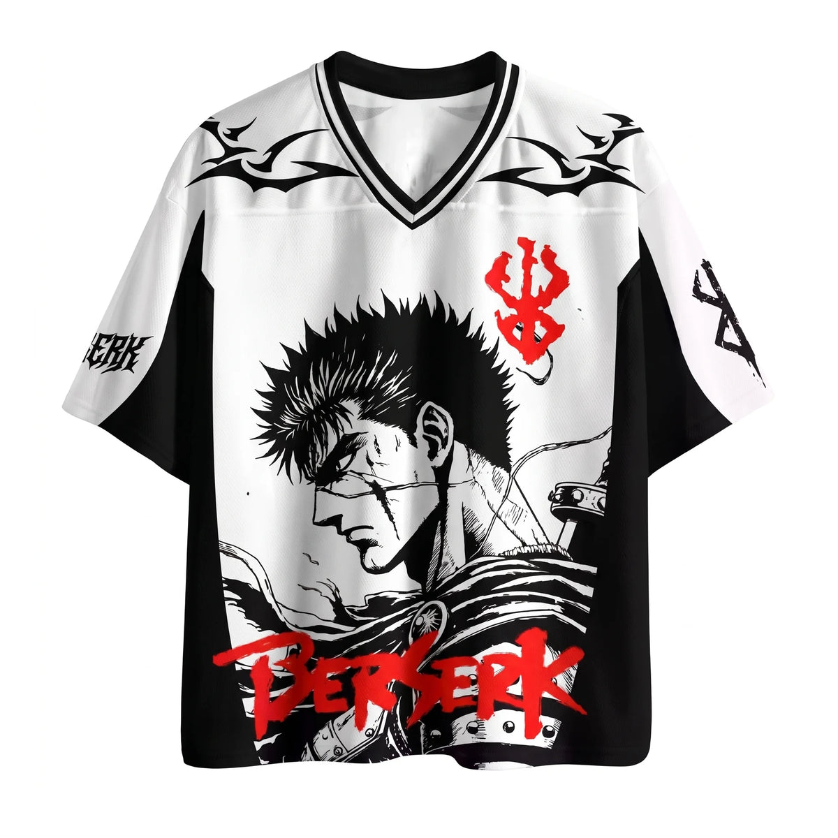 Berserk white and black anime football jersey, front view with Guts manga artwork and red lettering