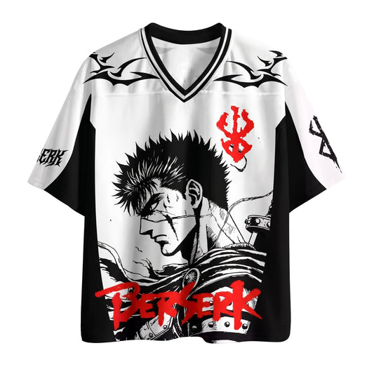 Berserk white and black anime football jersey, front view with Guts manga artwork and red lettering