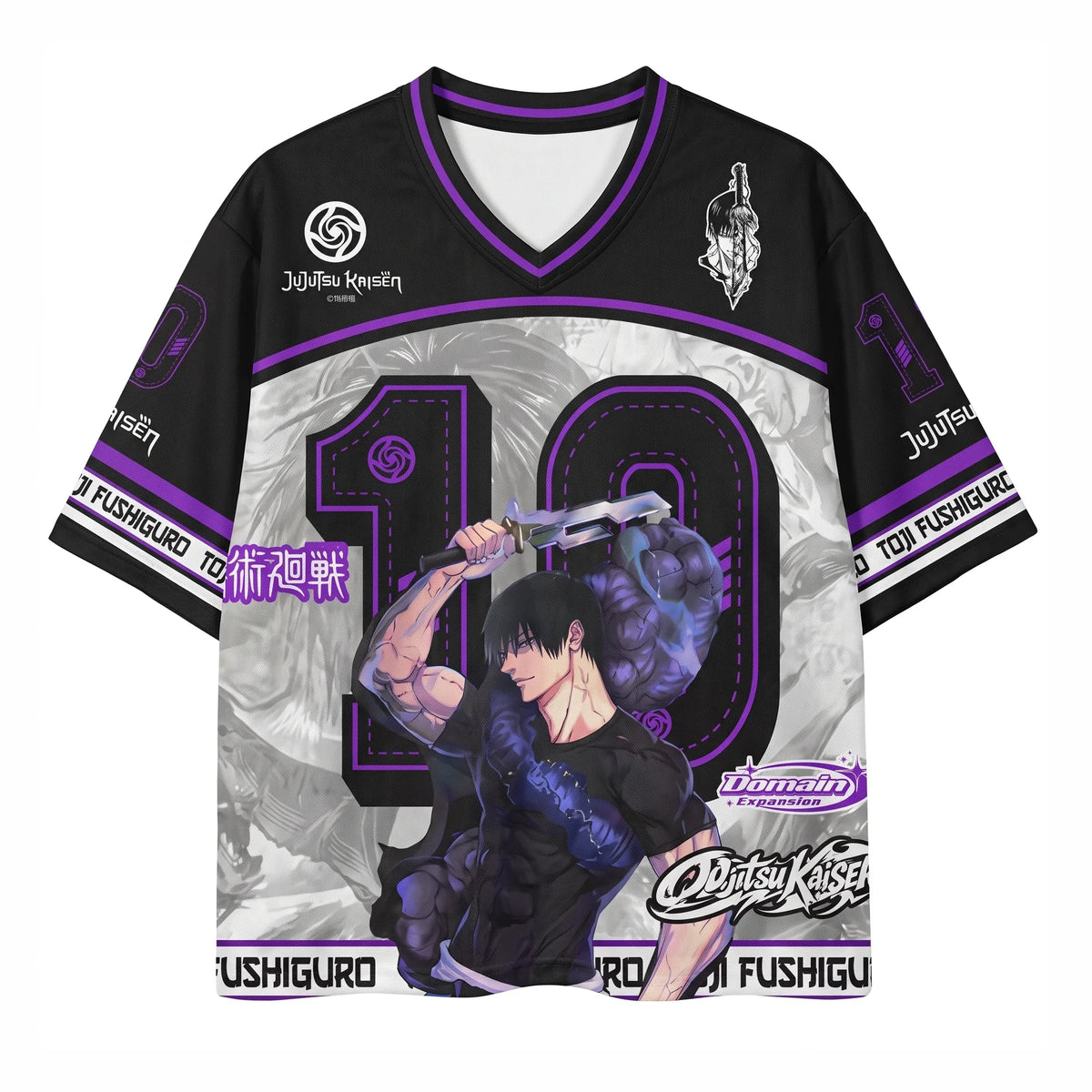 Toji Fushiguro black and purple anime football jersey, front view with number 10 and blade artwork