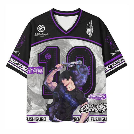 Camiseta de fútbol de anime de Toji Fushiguro en negro y morado, vista frontal con el número 10 y la ilustración del arma