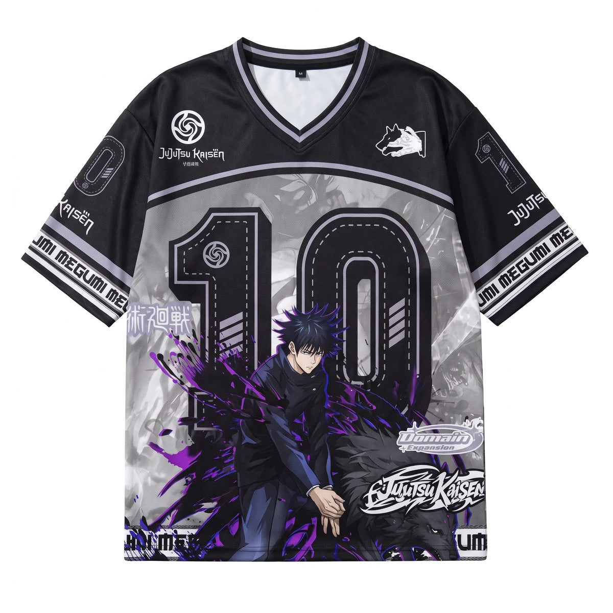 Megumi Fushiguro black and purple anime football jersey, front view with number 10 and shadow artwork