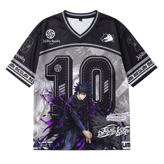 Megumi Fushiguro black and purple anime football jersey, front view with number 10 and shadow artwork