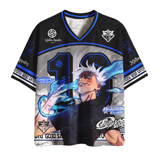 Gojo Satoru black and blue anime football jersey, front view with number 10 and blue cursed energy artwork
