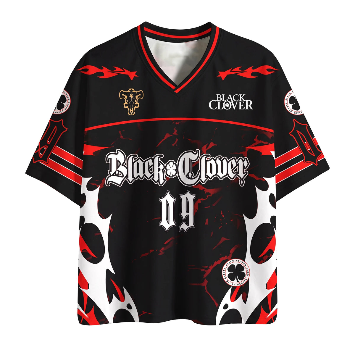 Camiseta de fútbol de anime de Black Clover en negro y rojo, vista frontal con el número 09 y el escudo del toro