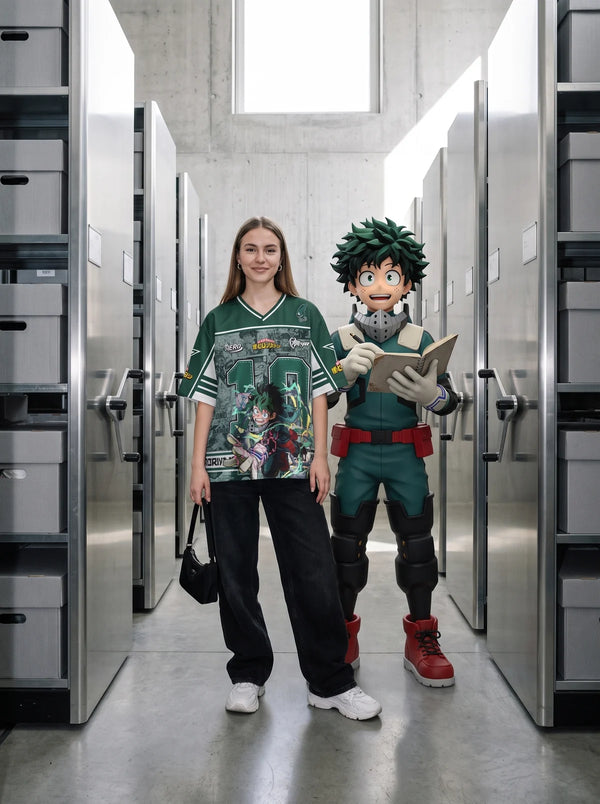 Woman wearing the Izuku Midoriya green anime football jersey