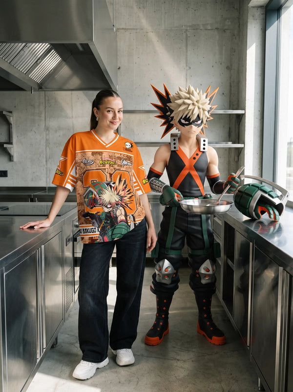 Woman wearing the Katsuki Bakugo orange anime football jersey