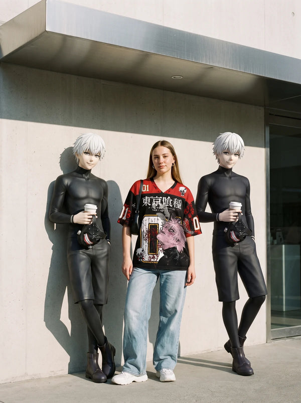 Woman wearing the Ken Kaneki red and black anime football jersey