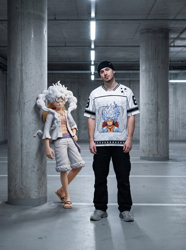 Man wearing the Luffy Gear 5 white anime football jersey