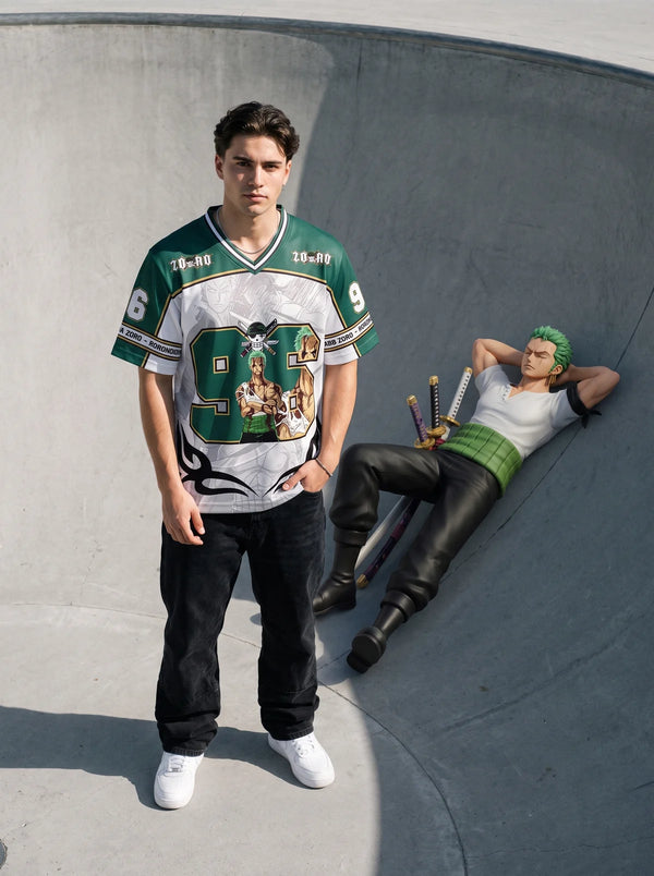 Man wearing the Roronoa Zoro green anime football jersey at a skatepark
