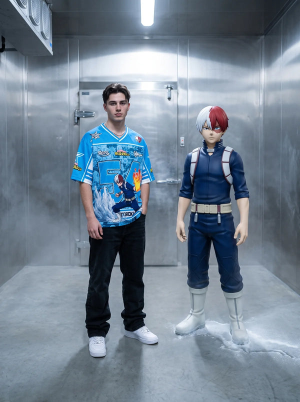 Man wearing the Shoto Todoroki ice blue anime football jersey