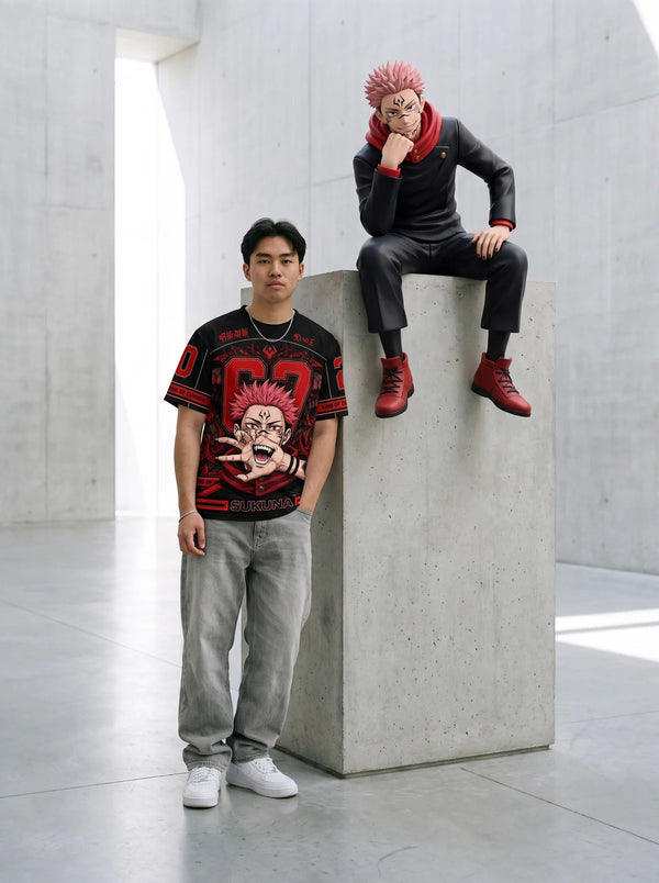 Man wearing the Sukuna black and red anime football jersey