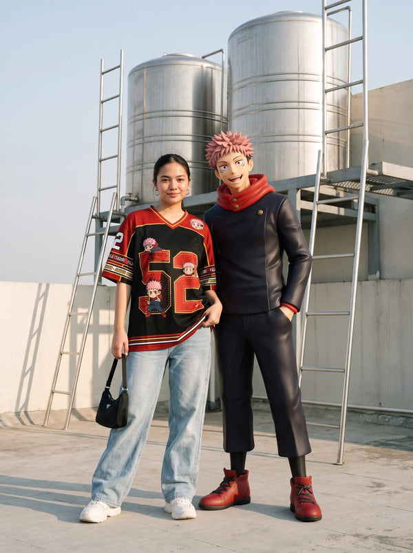 Woman wearing a Sukuna red and black anime football jersey