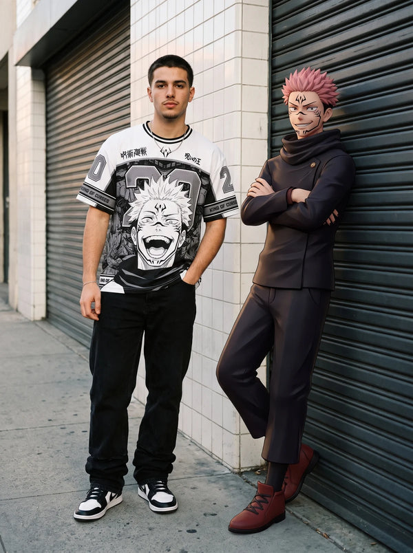 Man wearing the Sukuna white anime football jersey on the street