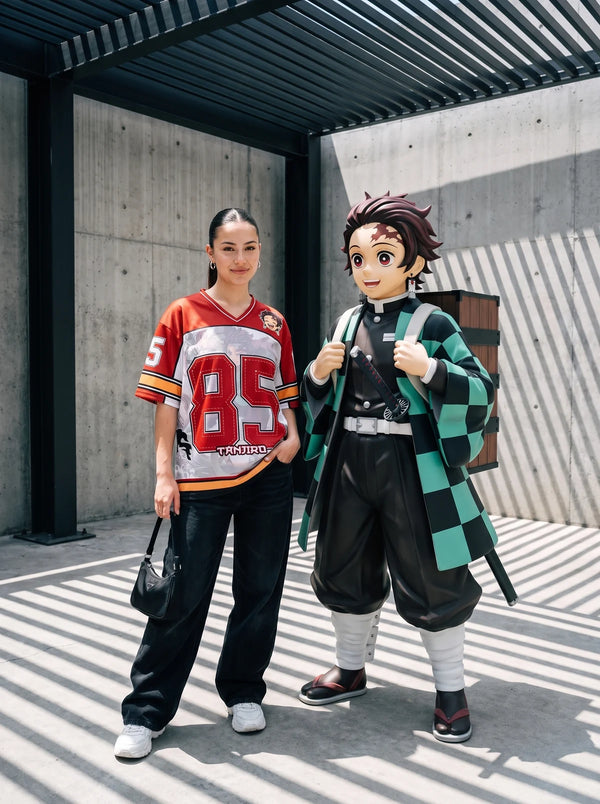 Woman wearing the Tanjiro Kamado red anime football jersey