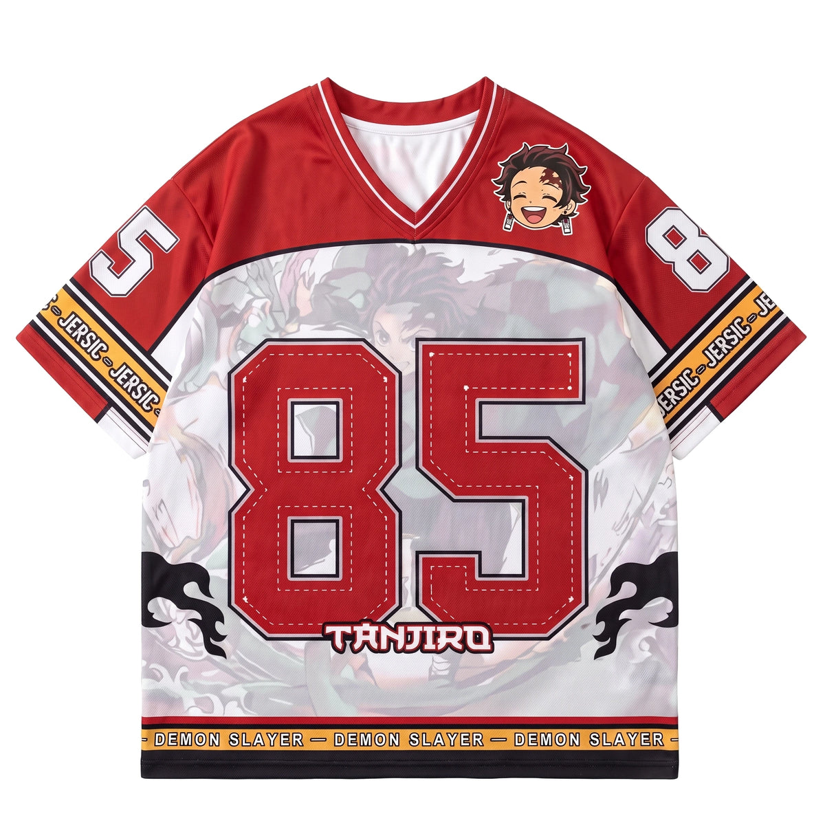 Camiseta de fútbol de anime de Tanjiro Kamado en rojo y blanco con el número 85 y la ilustración de Respiración del Agua
