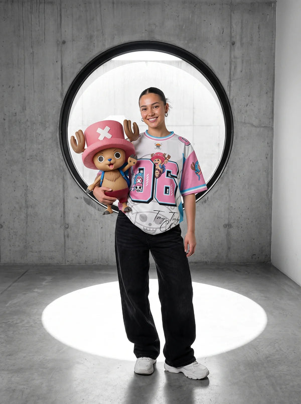 Woman wearing the Tony Tony Chopper pink anime football jersey