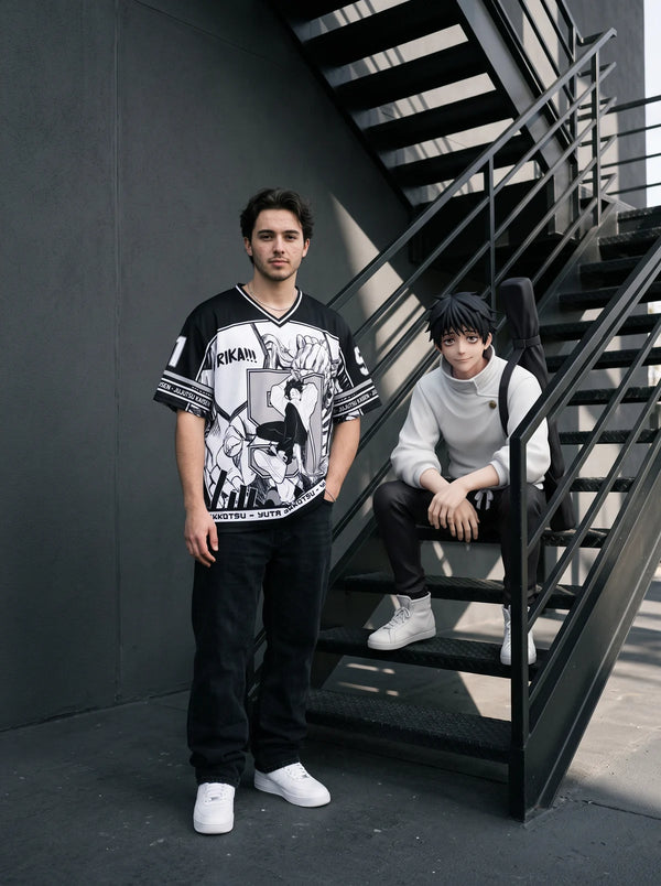 Man wearing the Yuta Okkotsu black and white anime football jersey