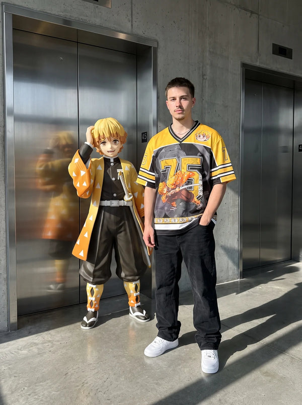 Man wearing the Zenitsu Agatsuma yellow anime football jersey